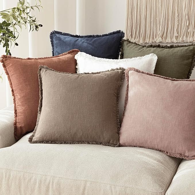 Foindtower Set of 2 Decorative Linen Fringe Throw Pillow Covers Boho Farmhouse Cushion Cover with Tassels Soft Accent Pillowcase for Couch Sofa Bed Living Room Home Decor,18×18 Inch,Dusty Pink