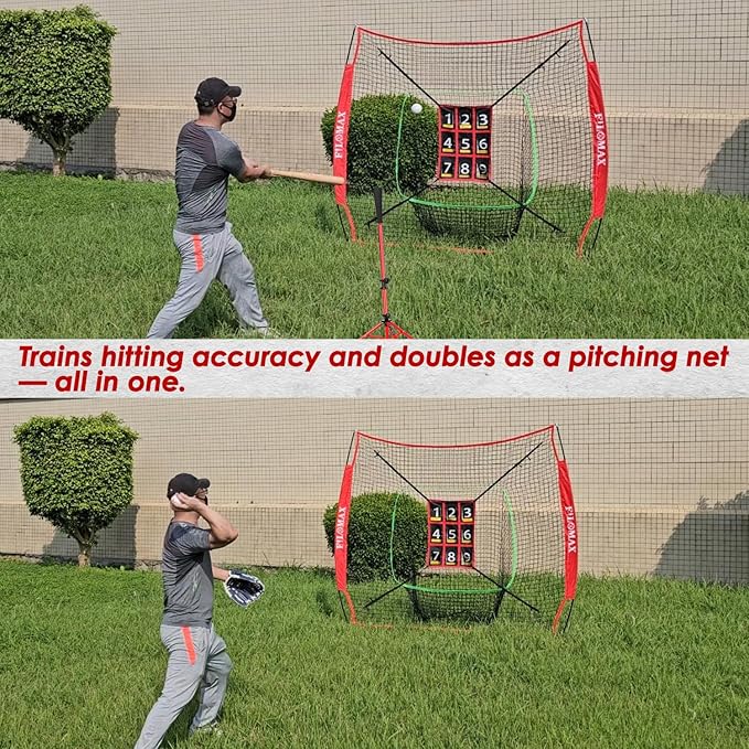 7x7ft Baseball & Softball Practice Net with Numbered Strike Zone & Batting Tee - Heavy Duty Portable Hitting Pitching Training Net for Accuracy and Swing Practice, Includes Carry Bag