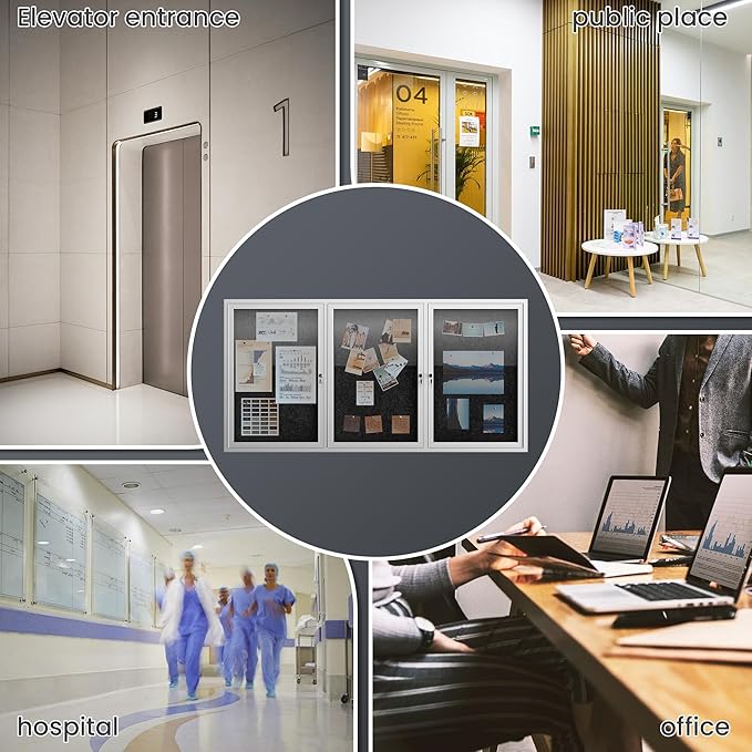 72"x36" Lockable Enclosed Bulletin Board, Outdoor Flet Weather-Resistant Aluminum Frame Notice Board, Wall Mounted Display Case Acrylic Doors for School,Office,Silver Frame w/Black Flet