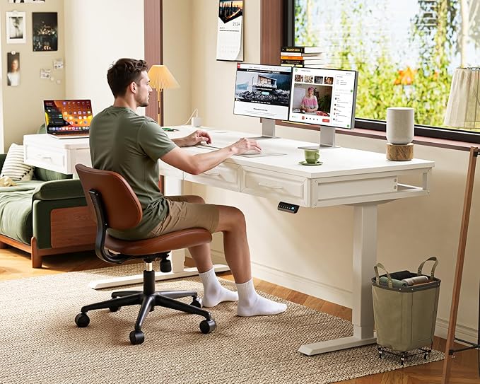 OffiGo L Shaped Electric Standing Desk with Wooden Drawers, 63 Inch Height Adjustable Corner Workstation with Power Outlets, Sit Stand Table for Home, Office, White