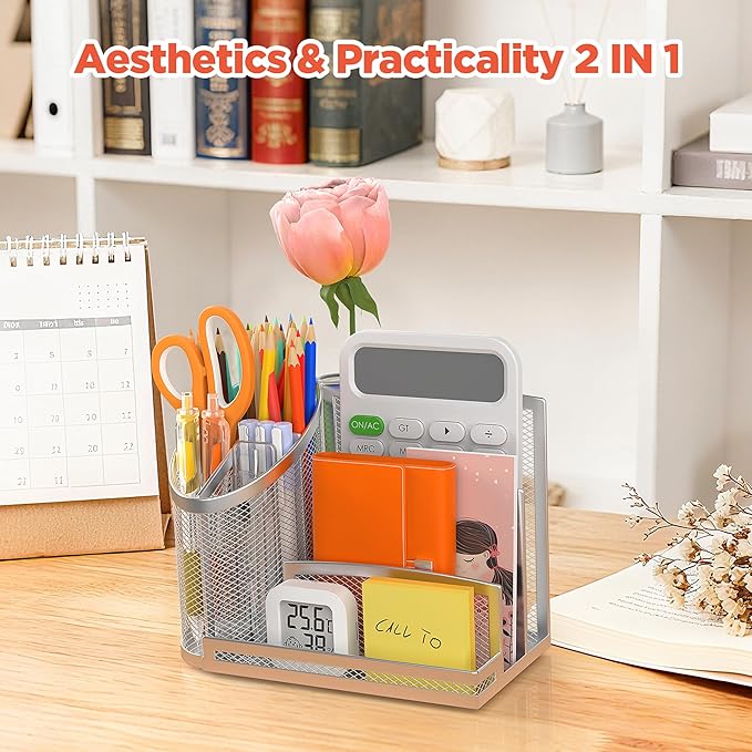 OrgMate 3 Compartment Pen Holder with Vertical Mail Organizer and Flower Tube, Metal Mesh Desk Organizer Modern Decor Aesthetic-Paper Letter Sorter Ideal for Pencil,Envelope and File(Silver)