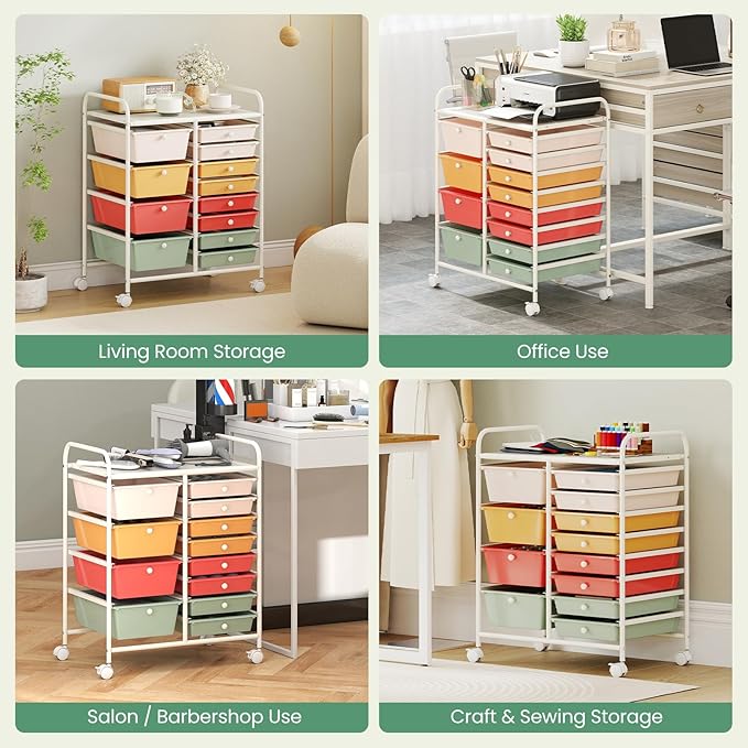 LDAILY 12 Drawer Rolling Storage Cart, Rolling Cart with Drawers for Classroom, Art Supply Craft Organizer on Wheel with Metal Frame & Handles for Home Office School (Macaron, 12 Drawer Left-Right)