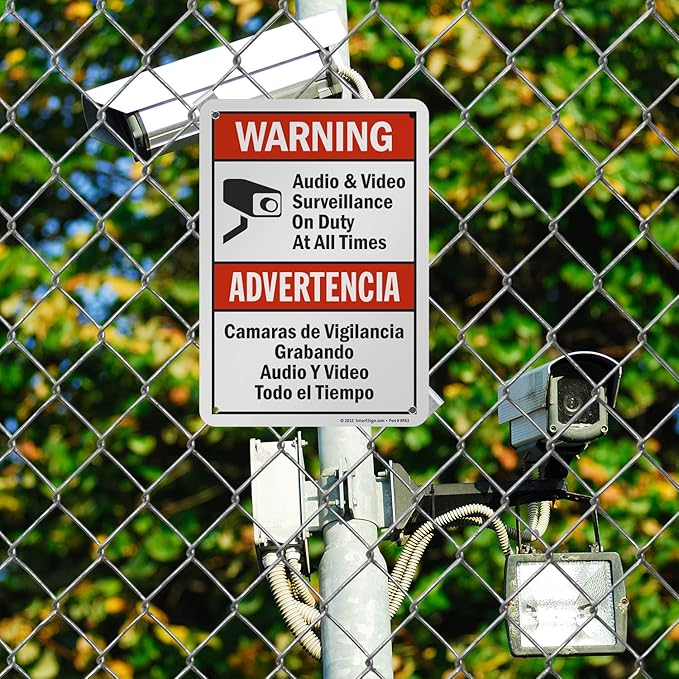 SmartSign "Warning - Audio & Video Surveillance On Duty At All Times" Bilingual Sign | 7" x 10" Aluminum