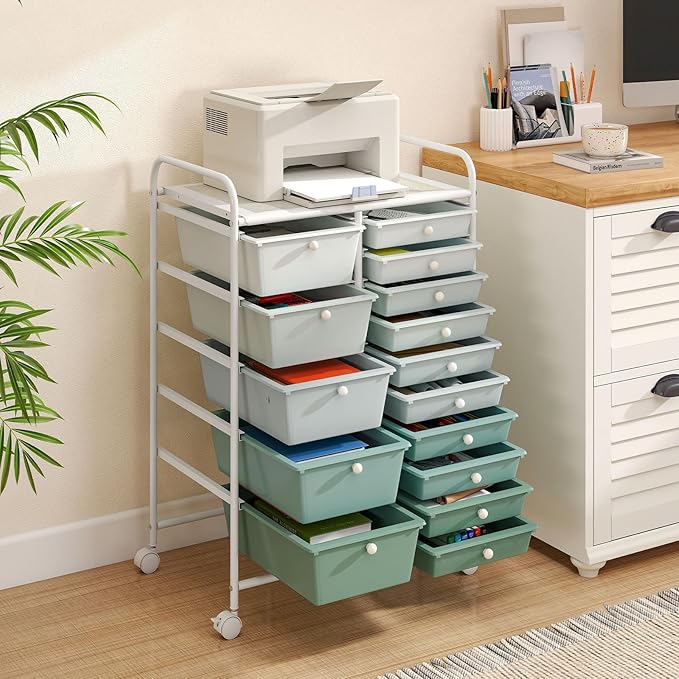 HAPPYGRILL 15-Drawer Rolling Cart, Storage Carts with Removable Drawers & Steel Frame, Utility Cart on Lockable Wheels for Home, School, Office, Macaroon, Gradient Green