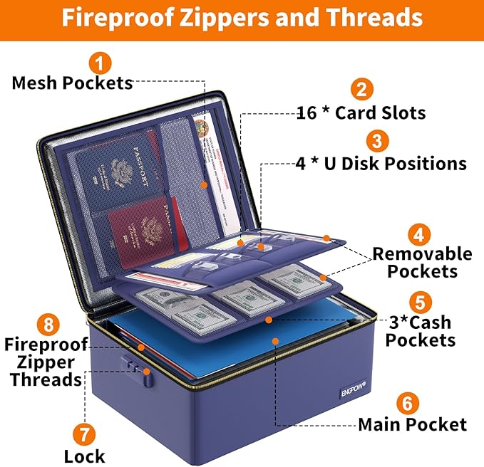 ENGPOW Fireproof Document Box, Hard Fireproof Box with Fireproof Zipper&Lock, 6400°F Heat Insulated Fireproof Water Resistant File Organizer Storage Box Safe for Important Documents,Valuable,Blue