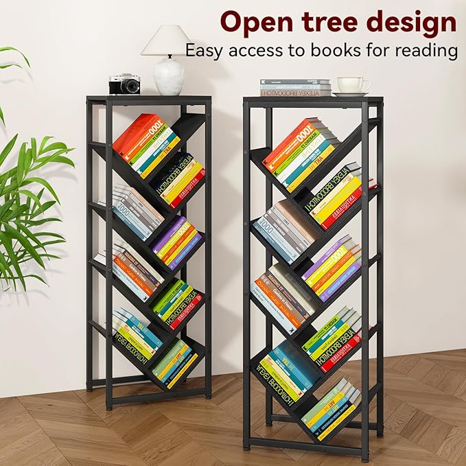 IBUYKE 9 Tier Tree Bookshelf, Floor Standing Wood Bookshelf for Narrow Space, Storage Organizer Bookcase for Books/CDs/Movies, Small Corner Bookcase for Bedroom Living Room,Black,TBC002B