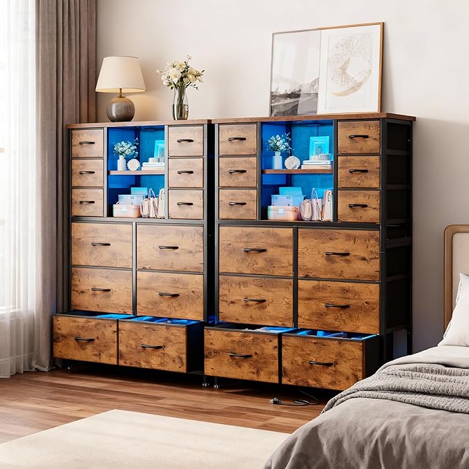 EnHomee Dresser for Bedroom with Fabric Dresser, Charging Station & LED Light, Large Chest of Drawers for Living Room, Entryway, Metal Frame, Rustic Brown, 50.6" H x 37.8" W x 11.8" D