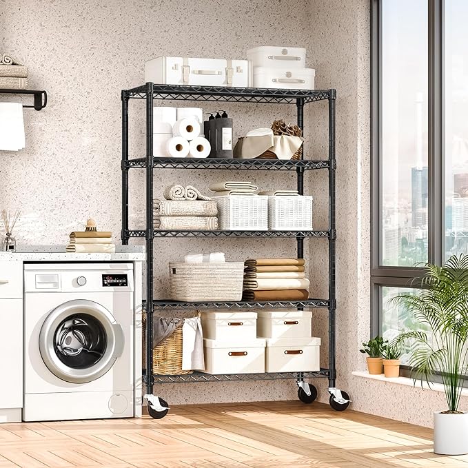 M MZG 5-Shelf Storage Shelves,Wire Shelving Heavy Duty Metal Storage Shelving Unit Adjustable Garage Shelving Rack Pantry Kitchen (Black, 5 Tier,17.7" D x 47.2" W x 76.7" H)