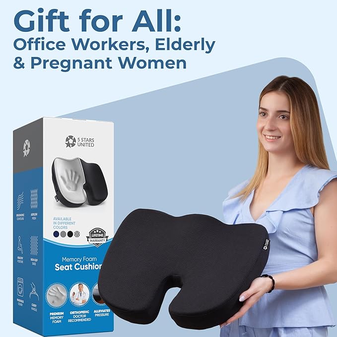 5 STARS UNITED Seat Cushion for Tailbone Pain Relief โ Memory Foam Cushion for Coccyx, Hip, Sciatica & Post-Surgery Recovery โ Wheelchair, Car, Desk, Gaming & Office Chairs, Black, X-Large