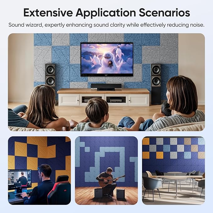 UNECHO 12 Pack 12" X 12" X 0.4" Acoustic Panels for Wall Sound Absorbing, P-Stripes Square Self-Adhesive Sound Panels, High Density Suitable for Multiple Scenarios(Light Sky Blue)