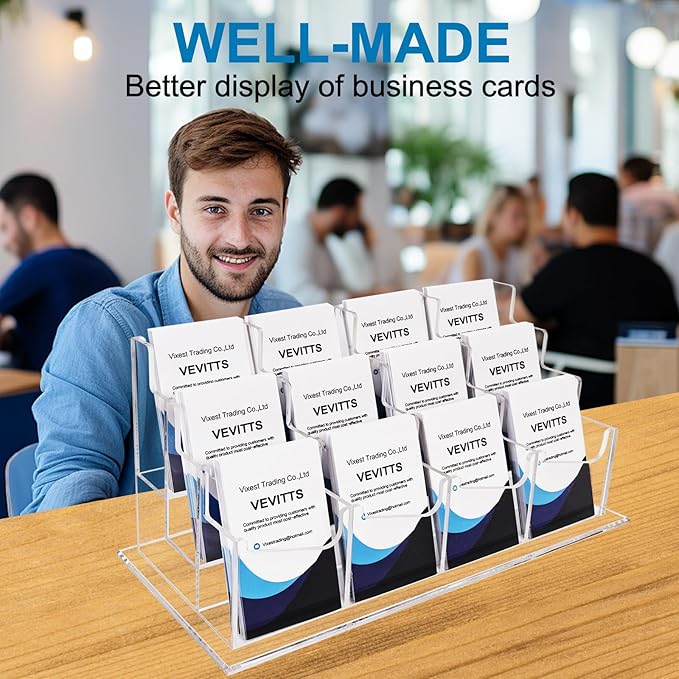 Vevitts Vertical Business Card Holder, Acrylic Business Card Display, Clear Desktop Business Card Stand for Exhibition, Home & Office Clear 3 Tiers 12 Slots