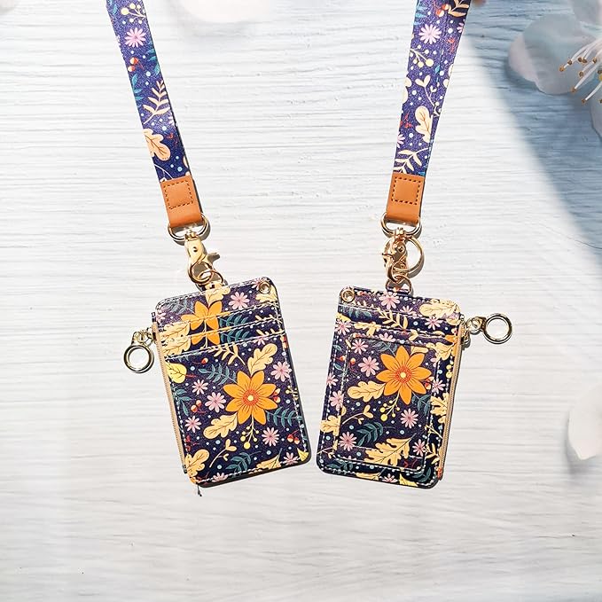 Lanyard Wallet,Wallet Lanyard,lanyards for id Badges,lanyards for id Badges for Women,Lanyard Wallet for Women,Fashion Badge Holder with Zipper(Autumn Sunflower)