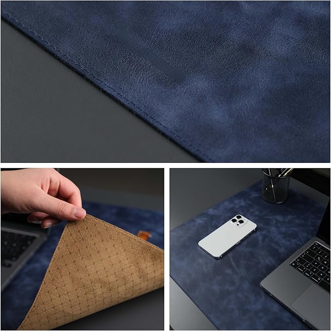 TORONATA Jersey Genuine Calfskin Leather Desk Pad, Office Desk Mat with Non-Slip Bottom, Smooth Surface for Mouse & Keyboard, Desk Protector (36x19 inches) (Navy)