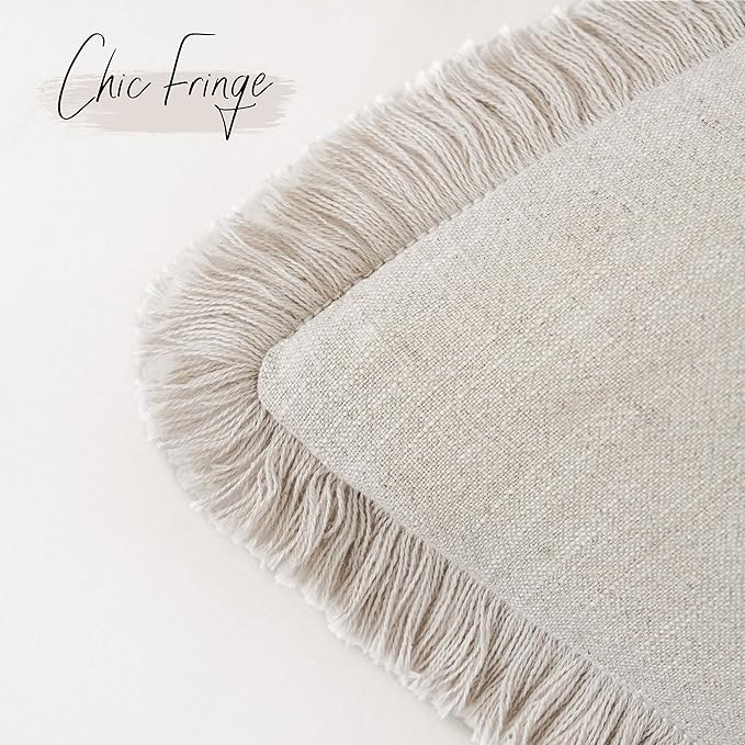 Foindtower Set of 2 Decorative Linen Fringe Throw Pillow Covers Boho Farmhouse Cushion Cover with Tassels Accent Pillowcase for Couch Bed Sofa Living Room Home Bedroom Decor, 12×24 Inch, Natural Beige