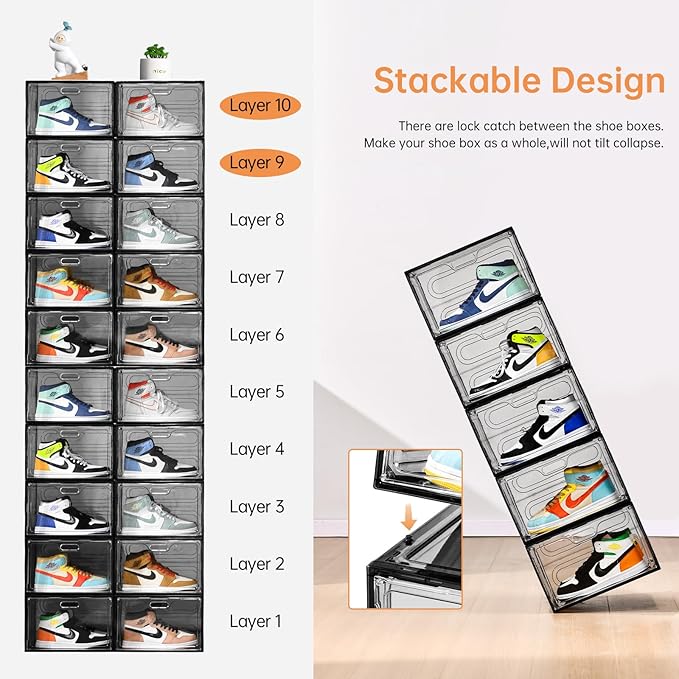 Amllas New Gray 8 Pack Shoe Boxes Stackable, Large Shoe Storage Organizer with Lids,Drop Side Shoe Containers for Entryway,Sneaker Storage Fit up to US Size 13 for Men/Women(13’’x 10.6”x 8.3”)