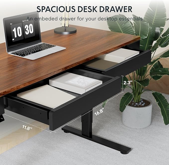 FLEXISPOT Q5 Standing Desk with Drawer, 55 x 24 Inch Whole Piece Electric Adjustable Height Stand Up Computer Workstation for Home, Office, Dark Walnut