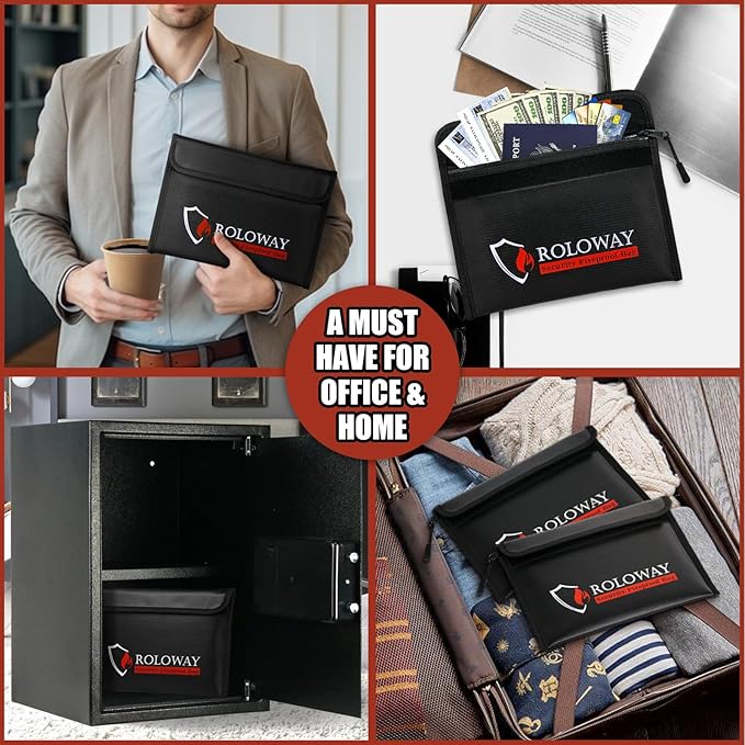 ROLOWAY Fireproof Bag (9.6 x 6.6 inches) 5200℉ Heat Insulated, Fireproof Money Bag with Zipper for Cash (2-Pack Black)