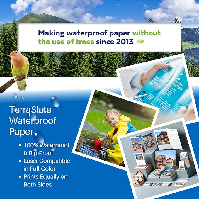 TerraSlate Waterproof, Durable, Rip-Proof Paper, 1,000 Sheets, 5 Mil (24lb Bond), 8.5” x 11”, Laser Printer and Copy Machine Compatible