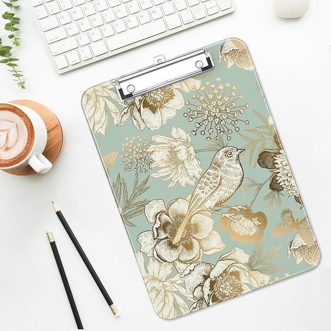 Luminzo Plastic Cute Clipboard Low-Profile Metal Clip, A4 Letter Size 9 x 12.5 in, 8.5 x 11 Paper Clip Board for Teachers, Nurses, Classroom,Floral Bird