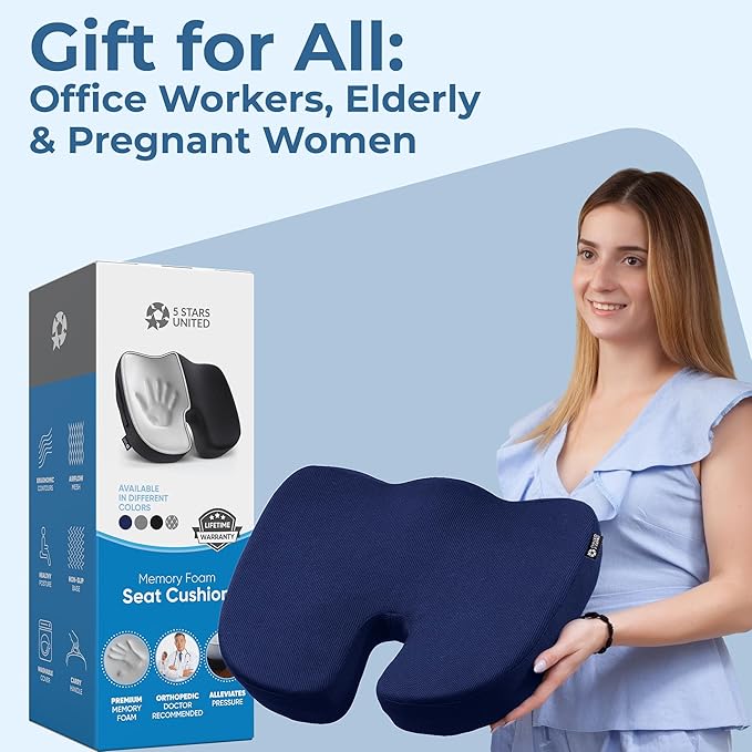 5 STARS UNITED Seat Cushion for Tailbone Pain Relief โ Memory Foam Cushion for Coccyx, Hip, Hemorrhoid, Sciatica & Post-Surgery Recovery โ Wheelchair, Car, Desk, Gaming & Office Chairs, D Blue