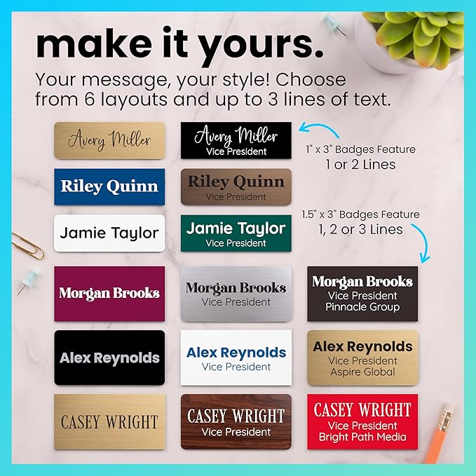 ExcelMark Custom Name Tag - Engraved Name Badge with Pin or Magnetic Backing, 16 Colors, 6 Fonts, and 2 Sizes to Choose from (Black w/Gold Letters, 1"x 3")