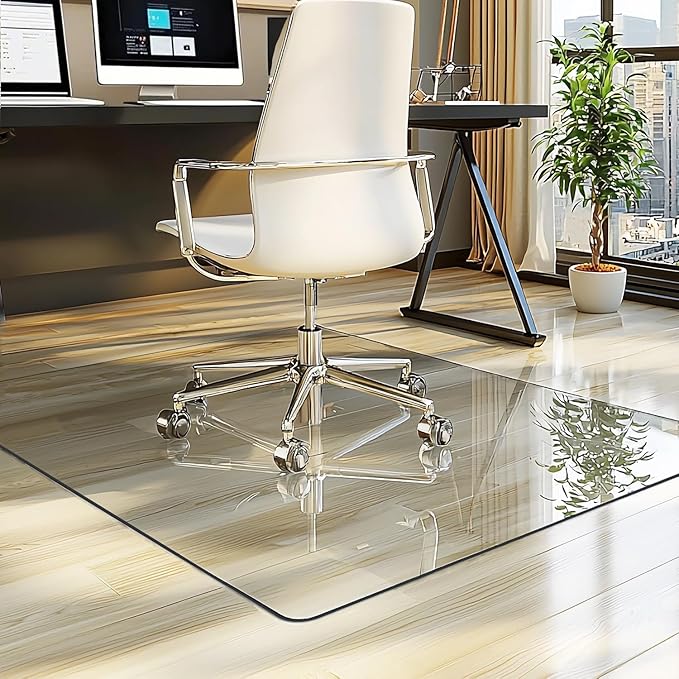 JAMBALAY 55″×46″ Tempered Glass Chair Mat, Heavy Duty Glass Office Floor Mat for Carpets and Wooden Floor, with 12 Anti-Slip Pads, Polished Edges and Round Corners, Easy Roll On, Thick 0.2″