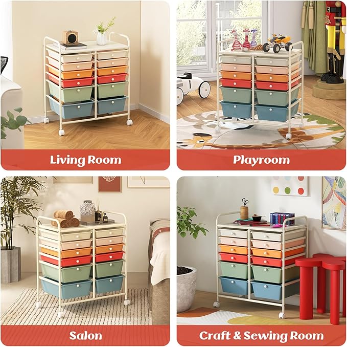 LDAILY 12 Drawer Rolling Storage Cart, Craft Cart Organizer on Wheels w/Metal Frame, Large Capacity & Smooth Drawer, Rolling Cart w/Drawers for Classroom, Office