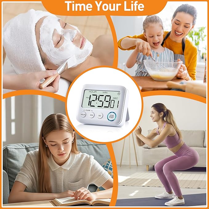 PIAMIG Digital Kitchen Timer Alarm Clock for Cooking, Large LCD Display Multi-Function, Strong Magnetic with Loud Alarm, Digital Timer for Kids,Teachers,Classroom, Exercise or Work (White)