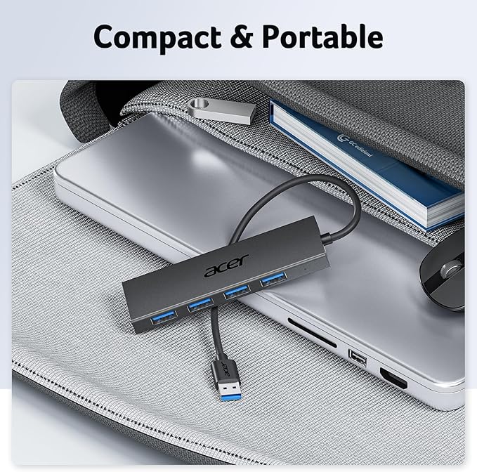 Acer USB Hub 4 Ports, Multiple USB 3.0 Hub, USBA Splitter for Laptop with Type C Power Port, Extender for A Port Laptop, PC, Desktop and More (4ft)