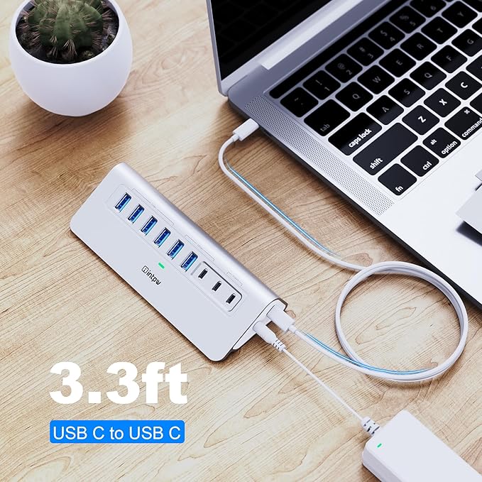 Powered USB Hub 10Gbps, intpw 9-Port USB 3.2 Hub, USB C Hub with USB A/USB C 3.2, 4 USB 3.0, 2 PD 45W Charging Ports, 65W Power Adapter and 3.3FT Cable, Aluminum USB Hub for Laptop, iPhone 17/16/15,PC