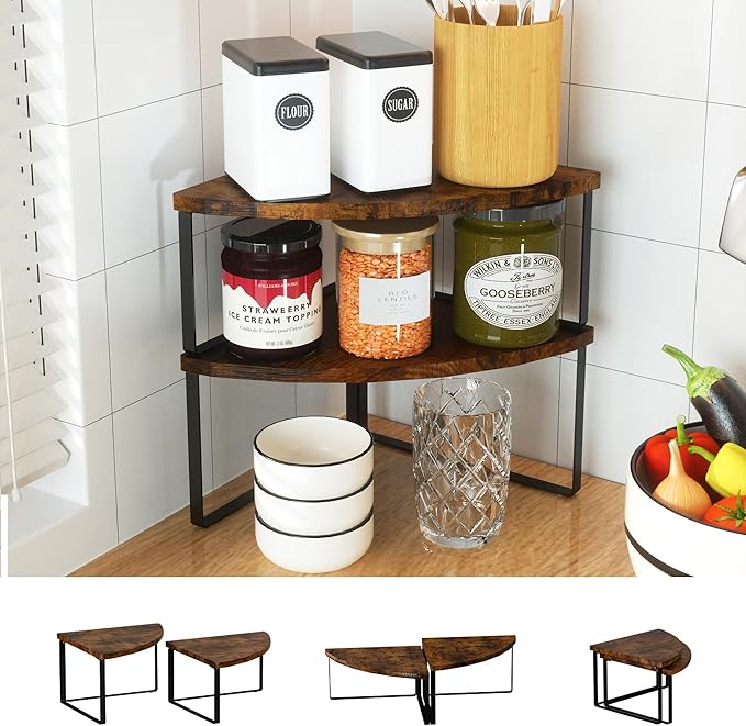 Corner Shelf Countertop Organizer - Set of 2 Corner Shelves for Kitchen Cabinet Organizer, Spice Rack, Stackable Bathroom Organizers and Storage, Sink Rack, Corner Cabinet, Counter Decor, Rustic Brown