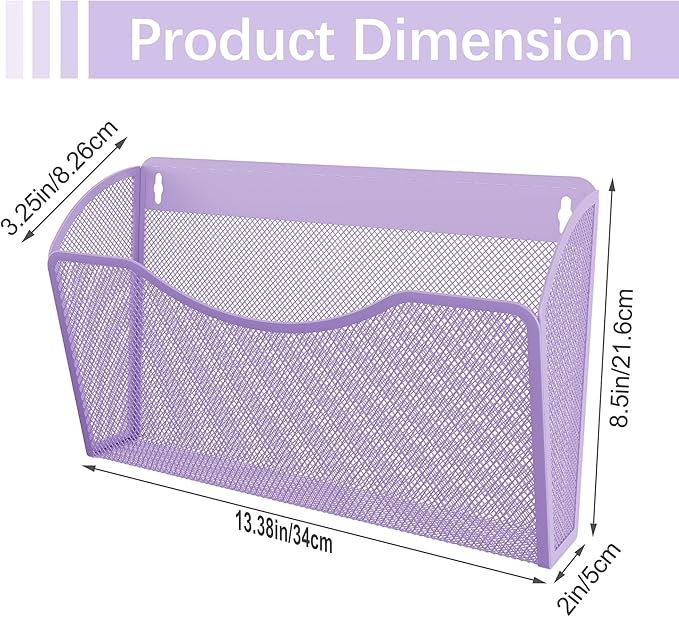 EasyPAG 3 Single Pocket Wall File Organizer, Mesh Hanging File Folder Organizer for Letter/A4 Size Folders, Wall Mounted Vertical Mail Holder for Paperwork, Office, Home, School, Purple
