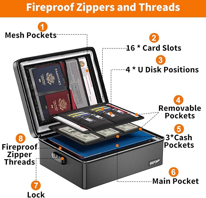 ENGPOW Fireproof Document Box, Hard Case File Box with Fireproof Zipper&Lock, 6400°F Heat Insulated Fire and Water Resistant Portable File Organizer Storage Home Safe for Documents Laptop Cash Black