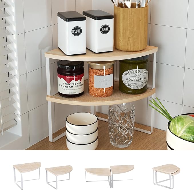 Corner Shelf Countertop Organizer - Set of 2 Corner Shelves for Kitchen Cabinet Organizer, Spice Rack, Stackable Bathroom Stand and Storage, Sink Rack, Corner Cabinet, Counter Decor, Natural Beige