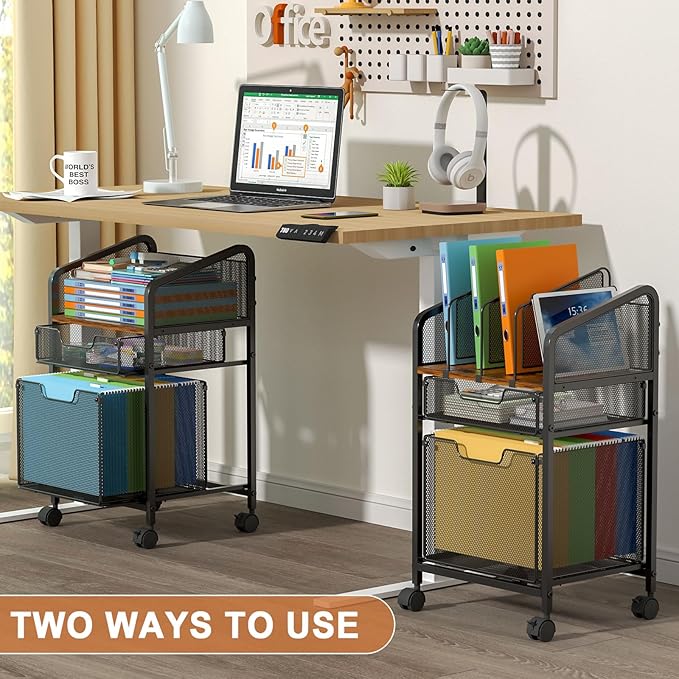 Tiaoheka Rolling File Cabinet with Adjustable Dividers, Mobile Filing Cabinet with 2 Storage Drawers on Lockable Wheels, Hanging File Organizer Beside Under Desk for Office, Home(Patent Pending)