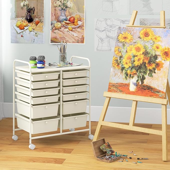 Giantex 12 Drawers Rolling Storage Cart, Classroom Organizers with Wheels for Tools Scrapbook Craft Paper Teacher Office School Supplies (Ivory)