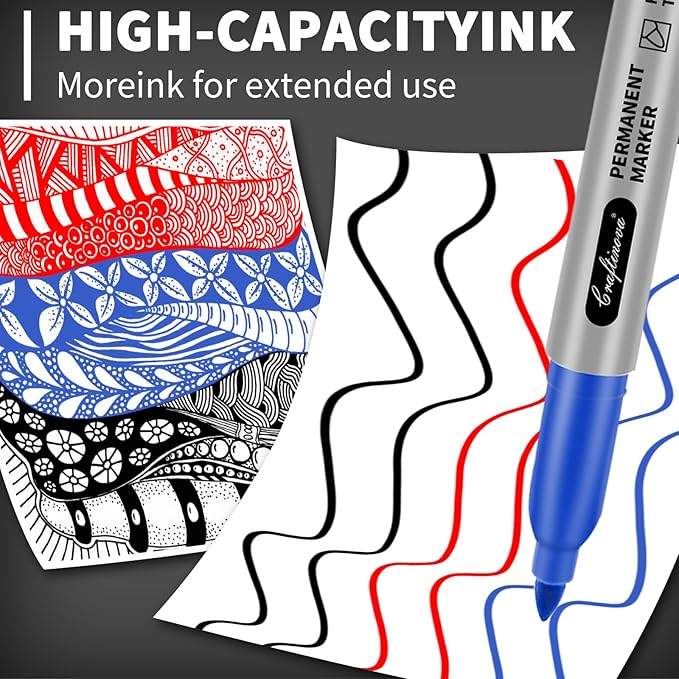 craftinova Fine Point Assorted Colors Permanent Markers Set, Works on Paper, Plastic, Metal, etc., for Adults, Artist, Teacher, Kids, Black, Blue, Red, 15 Count