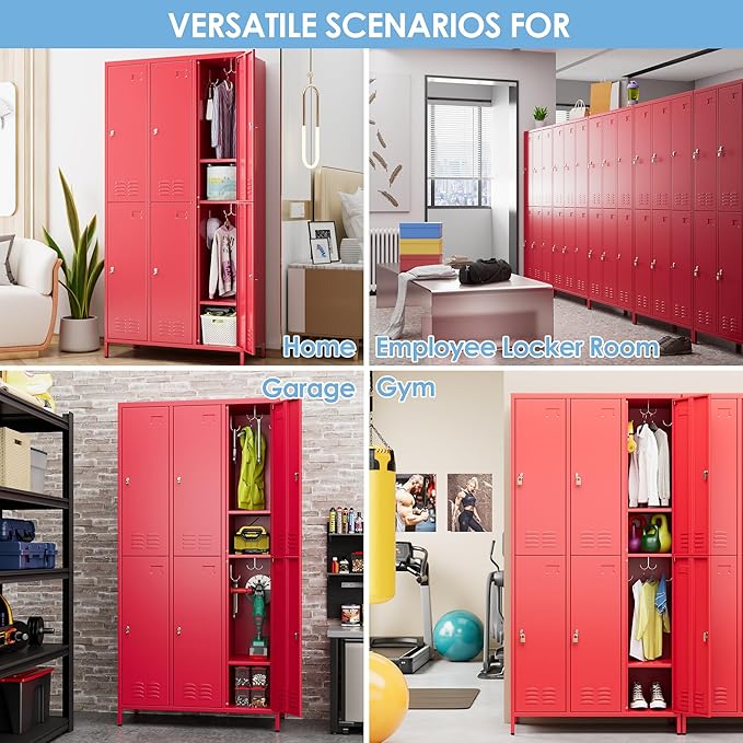 SUPEER 6 Doors Metal Locker Employee with Business Card Holder and 18 Hooks,Metal Locker for Employees with Ventilation Holes for Office Garage Gym Home,Assembly Required,Red