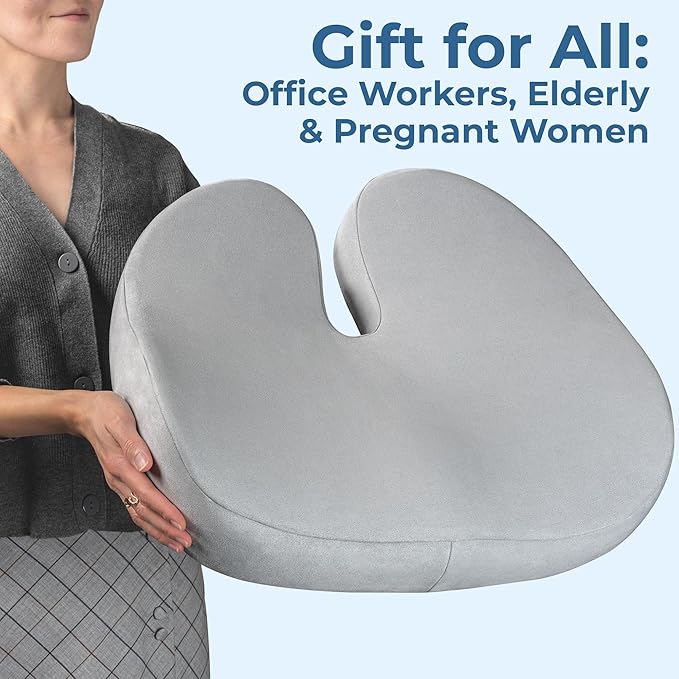 5 STARS UNITED Seat Cushion for Tailbone Pain Relief โ Large Memory Foam Cushion for Coccyx, Hip, Sciatica & Post-Surgery Recovery โ Wheelchair, Car, Desk, Gaming & Office Chairs, Light Gray