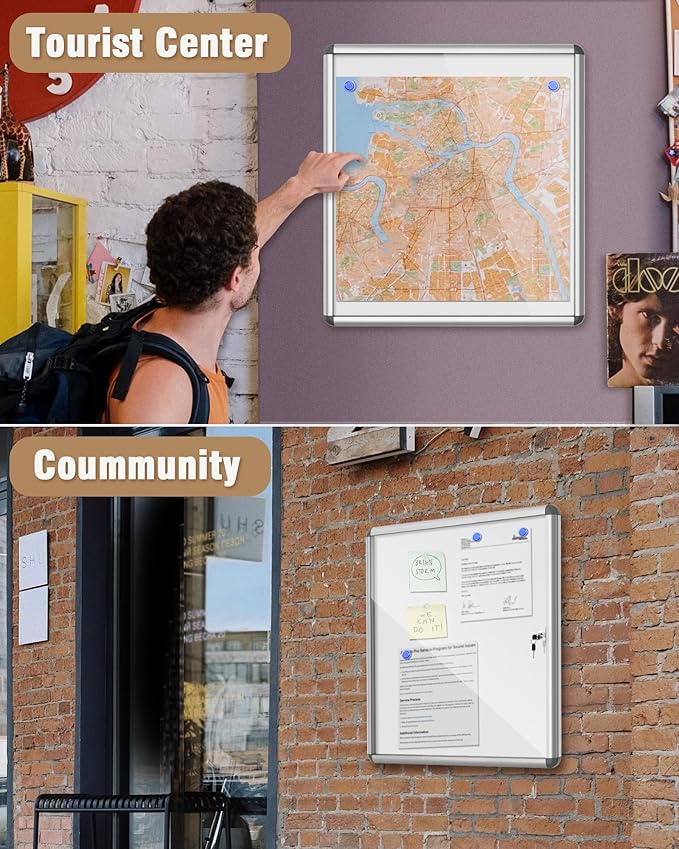 Mifuro 28"x26" Enclosed Bulletin Board, Lockable Weather-Resistant Aluminum Noticeboard for School & Office, Silver Frame w/Magentic Whiteboard
