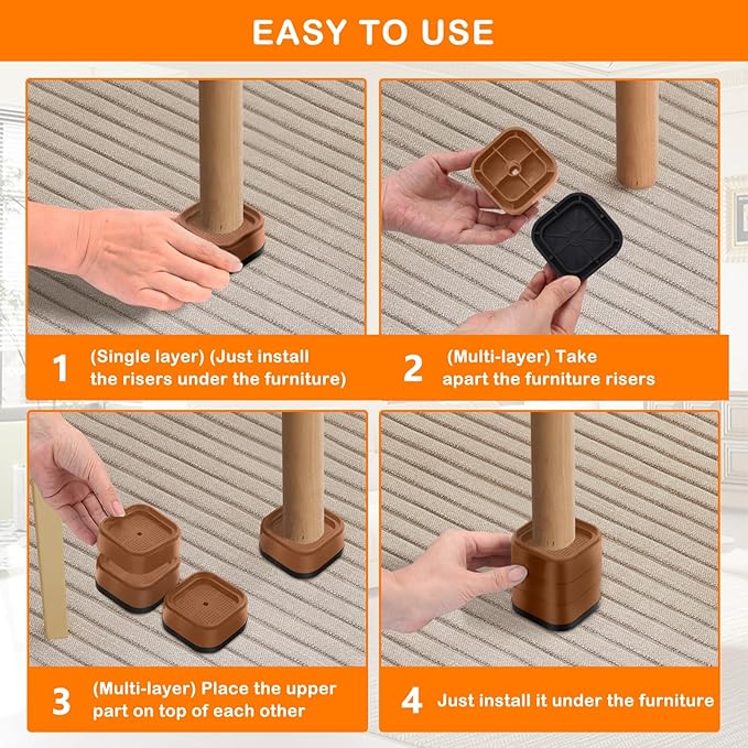 shouwuhho 16 Pack Furniture Risers Adjustable Bed Risers Heavy Duty Lifts Height 1", Square Stackable Bed Risers 1, 2 or 3 Inch for Desk Leg Table Couch Sofa Chair Bed Frame Legs Dorm, Brown