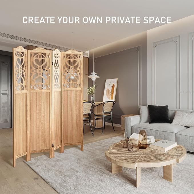 ALeesing 4 Panel Room Divider Fully Assembled, Carved Room Dividers and Folding Screens, 5.6Ft Wood Room Divider Screen Freestanding Partition Wall Dividers for Home Bedroom Office, Rustic Wood Color