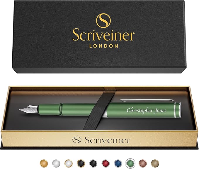 Scriveiner Personalized Luxury EDC Fountain Pen (Medium), Stunning Matt Green Pocket Pen, Chrome Finish, Schmidt German Nib, Best Engraved Fountain Pen Gift Set for Men & Women, Name Engraving