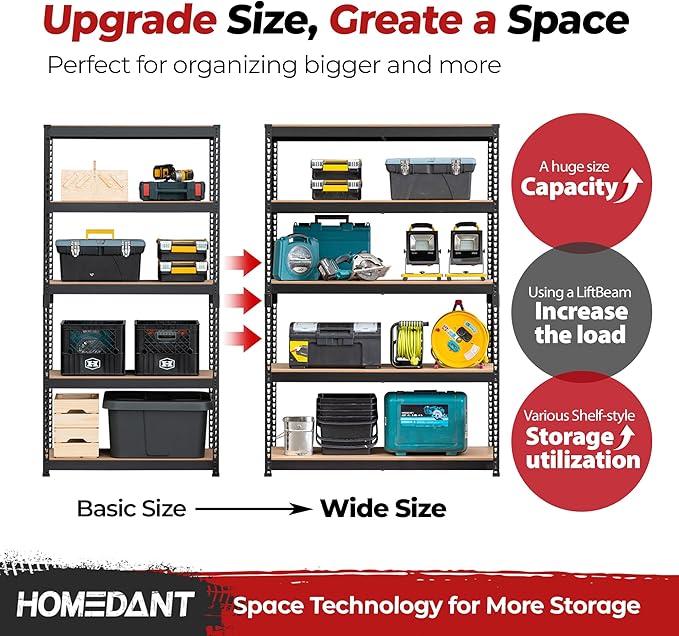 HOMEDANT 47.7" W 5 Tier Heavy Duty Garage Shelving Adjustable Metal Rack Storage Shelves Standing Shelf Unit Organizers Industrial Warehouse Basement Black 1Pack