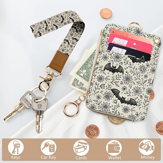 bolimoss Bat Lanyard Wallet Badge Holder PU Leather RFID Keychain Wallet with Breakaway Neck Wristlet Lanyard Zipper Pocket, Slim Credit Card Holder with Key Ring Phone Holder for Teacher Nurse Women