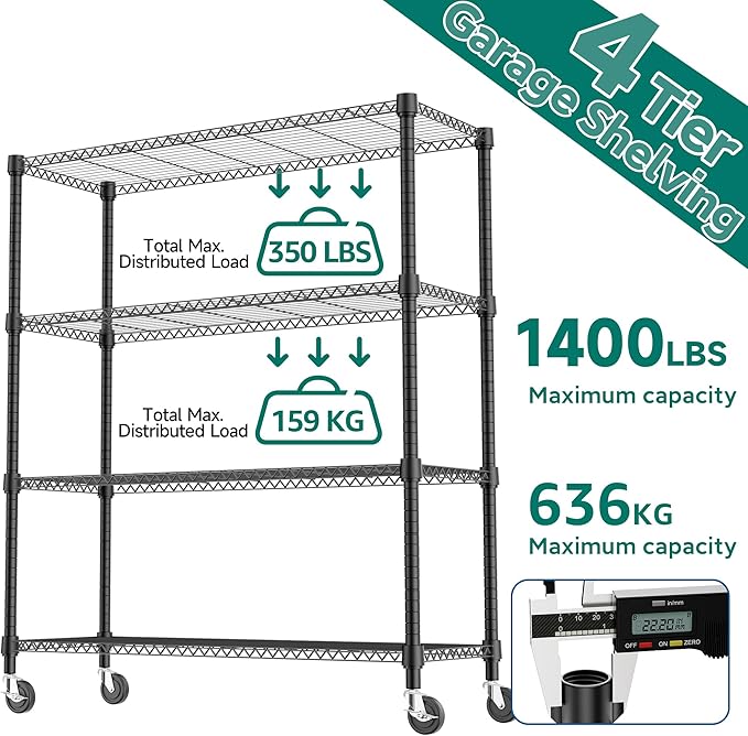 M MZG 4 Tiers Shelf 1400 lbs Steel Storage Shelving Utility Shelving Unit Steel Organizer Wire Rack for Home,Kitchen,Office,Garage Black 17.7" D x 47.2" W x 62.7" H