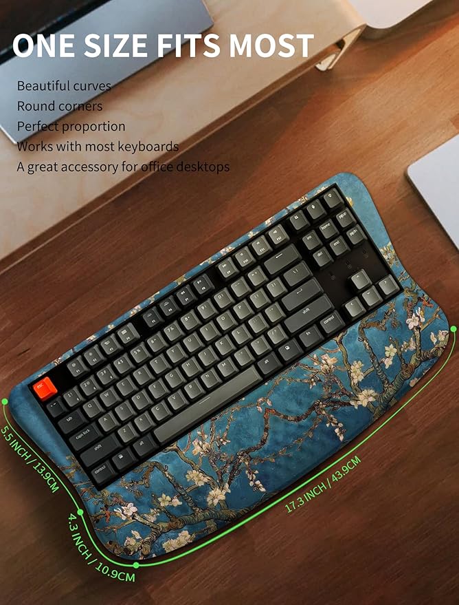 KUOSGM Ergonomic Wave Wrist Rest with Keyboard Stand, Cushioned Palm Rest, Comfortable Integrated Memory Foam for Natural Typing and Relieve Wrist Pain, Van Gogh Apricot Blossom