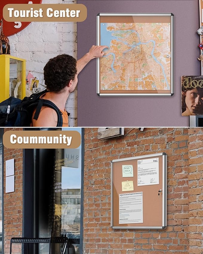 Mifuro 28"x26" Enclosed Bulletin Board, Lockable Weather-Resistant Aluminum Cork Noticeboard for School & Office, Silver Frame w/Cork