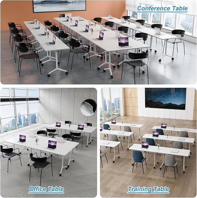 Conference Table Flip Top Mobile Conference Room Tables,Folding Conference Table with Wheels,Large Meeting Training Seminar Table Saving Space for Office Classroom (6, White, 61'')