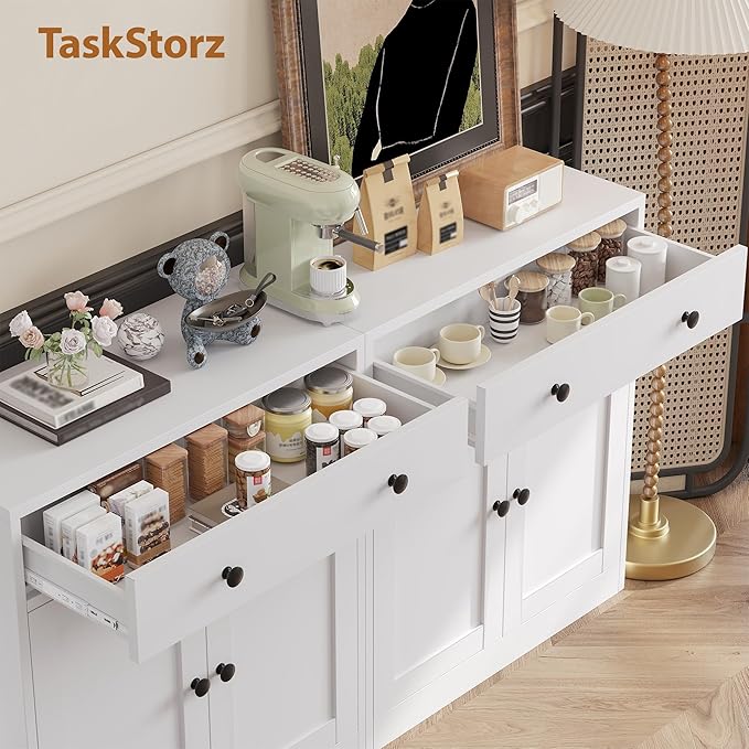TaskStorz Metal Storage Cabinet with 2 Doors and 1 Drawer,Farmhouse Buffet Cabinet with Storage,32.3" H Coffee Bar Cabinet with Storage for Kitchen, Dining Room, Hallway, White
